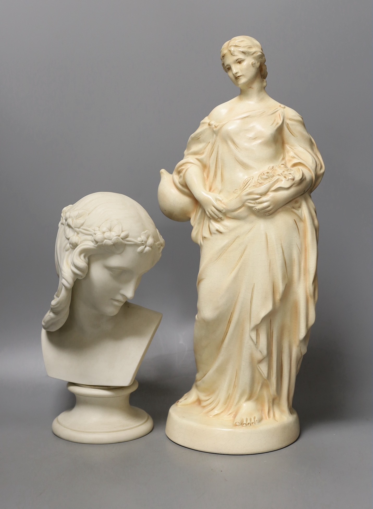 A Crown Devon Feildings figure and Parian bust - tallest 38cm